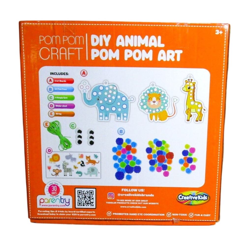 Creative Kids Pom Pom Art Kit Make 3 Animals (Elephant, Lion, Giraffe) 90 Pieces
